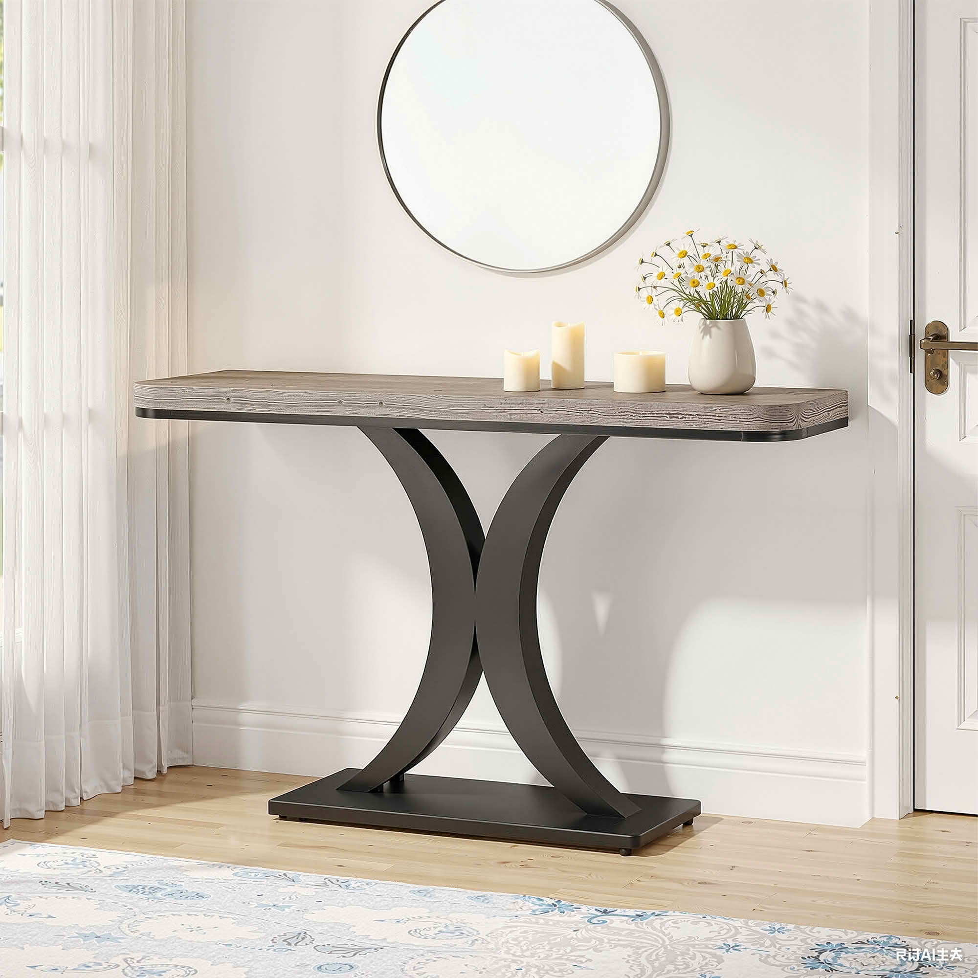 MAYEERTY 40 Inch Modern Industrial Narrow Console Table, Curved Wood Top Geometric Black Metal Base Entryway Decor Table