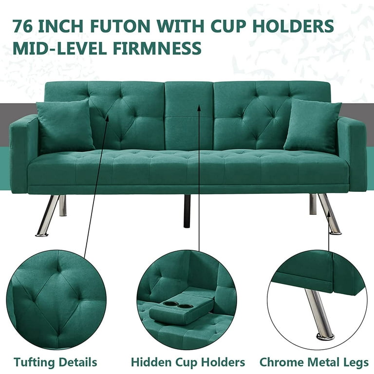 WellMall 76 Inch Futon Sofa Bed with Cup Holders, Linen Convertible Folding  Futon Couch with Adjustable Backrest and Throw Pillows for Living  Room,upholstered Sleeper Sofa Bed with Metal Legs