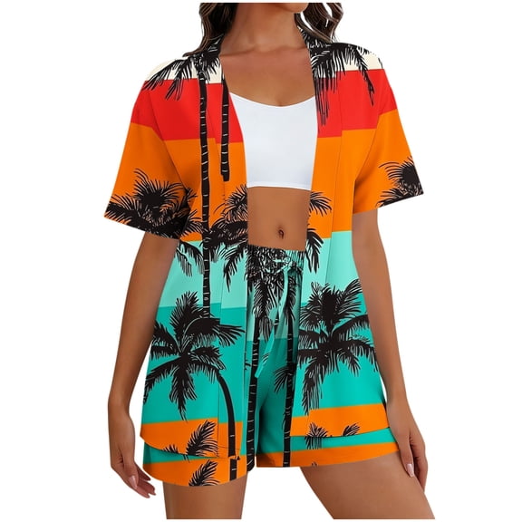2 Piece Outfits Summer Women,2 Piece Tropical Print Beach Cover up Set Kimono Top & Elastic Waist Shorts Vacation Outfits for Cruise Resort