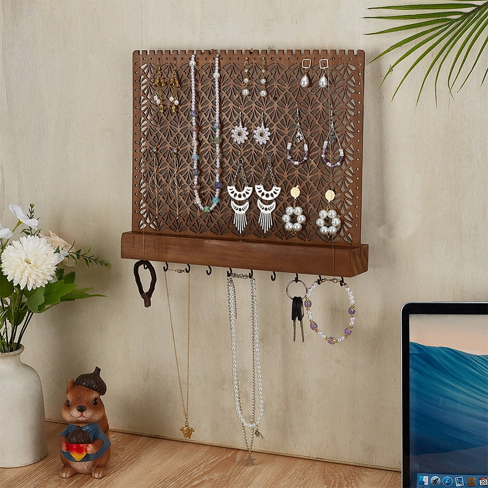 Wood Wall-Mounted Jewelry Hanging Racks for Earrings Bracelets Necklaces Organizer Holder with Hanger Hooks Saddle Brown Finished Product: 29.5x26.5x5.45cm