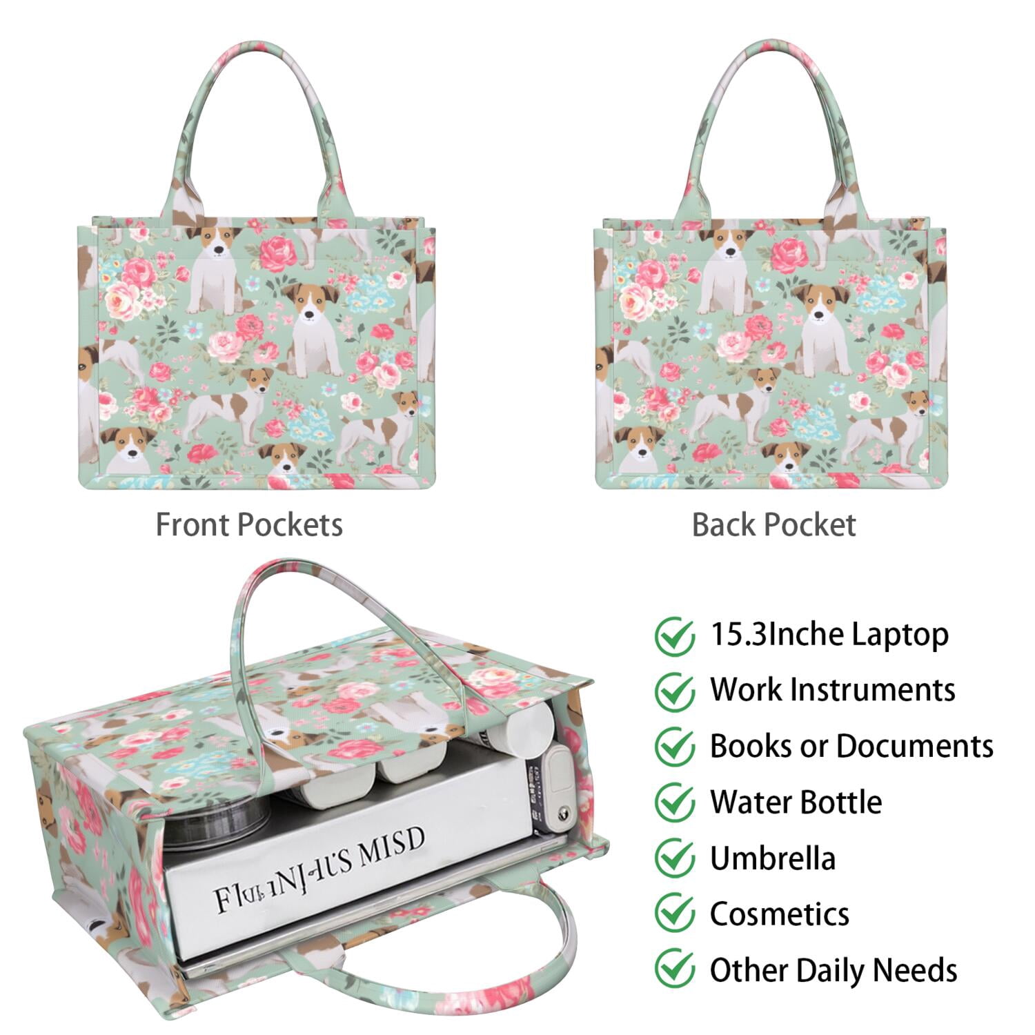 Large Capacity Tote Bag,Jack Russell Terrier Dog and Flower Handbag Fashion Luxury Tote Bag,15.7"x13"x 5.1" Inches,Laptop Compatible
