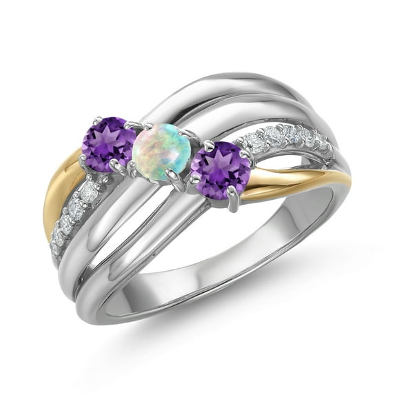 Gem Stone King 925 Silver and 10K Yellow Gold Purple Amethyst and Simulated White Opal and Lab Grown Diamond Engagement Ring for Women | 0.90 Cttw | Round 4MM | February Birthstone | Size 8