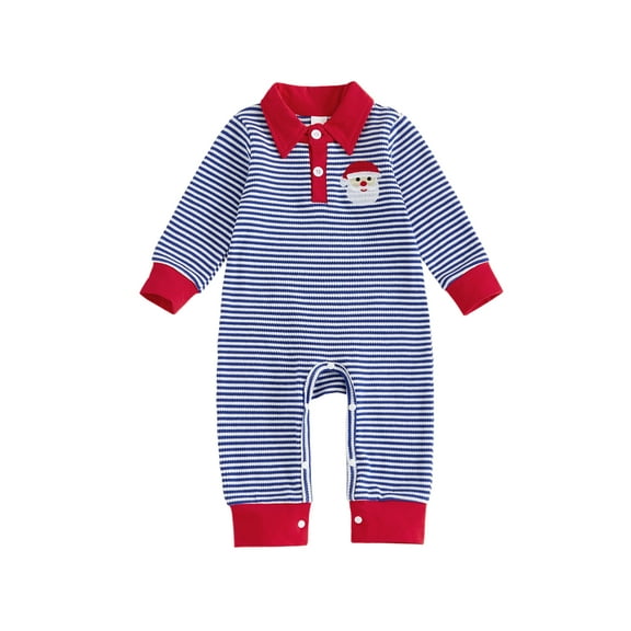 BemeyourBBs Baby Boy Christmas Romper Striped Santa Collared Long Sleeve Bodysuit