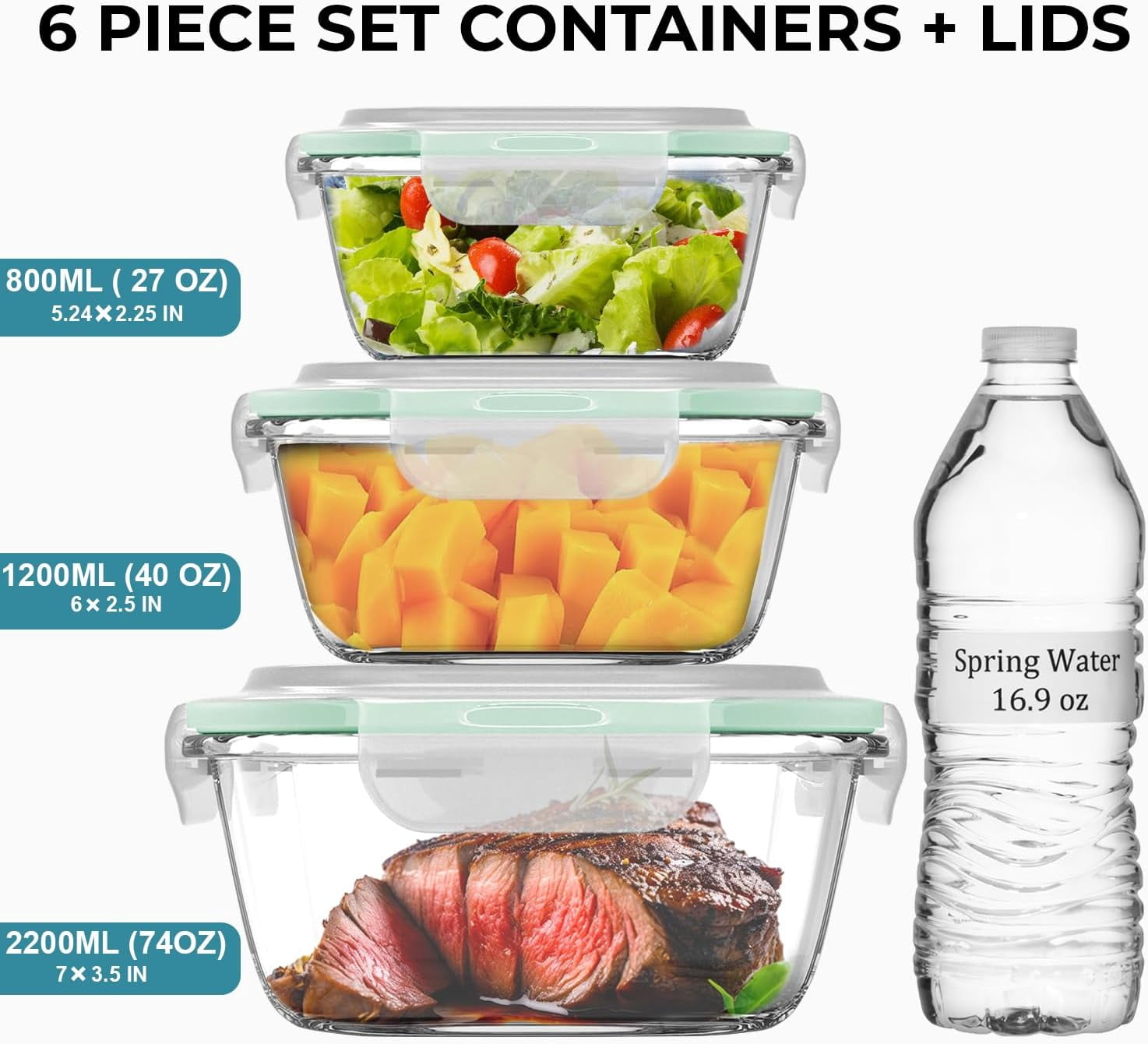6 PC Square Glass Food Storage Containers with Airtight lids (74, 40 & 27 oz) Kitchen Glass Meal Prep Containers Set for Freezer Reusable Leftover Lunch Boxes, Oven, Microwave, Dishwasher Safe