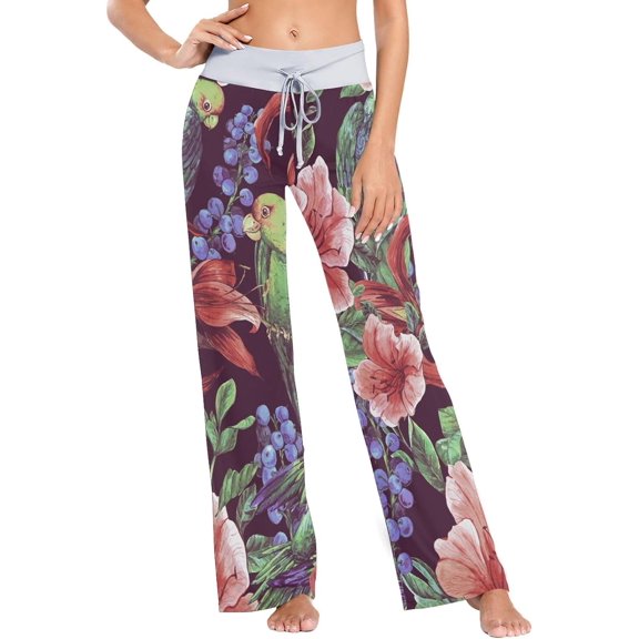 Women's Pajama Pants Tropical Flowers & Parrots Comfy Stretch Sleepwear Womens Wide Leg Pants Casual Loose Yoga Sweatpants Comfy Lounge Pajama, Large