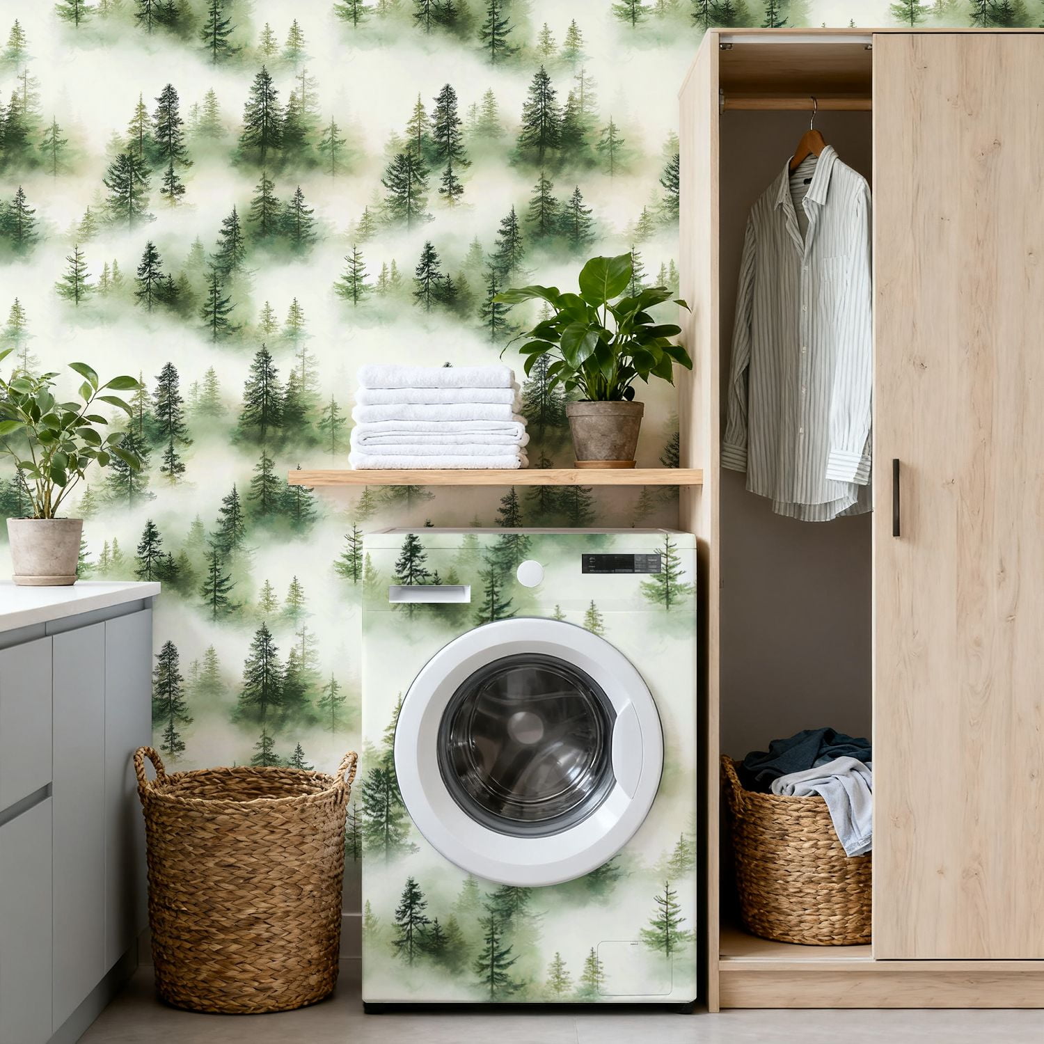 Peel and Stick Wallpaper 17.7in x 9.8ft Pine Forest Fog Watercolor Seamless Green White Hues Contact Paper Vinyl Self-Adhesive Removable Wall Paper for Bedroom DIY Home Decor Renter Friendly