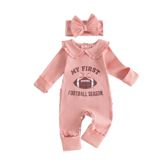 Cjfdfy Newborn Baby Girl Fall Outfit Football Cow Print Long Sleeve Ruffle Collar Jumpsuit With Headband Cute My First Football Season Romper Holy Cow Newborn Outfit 0-6M