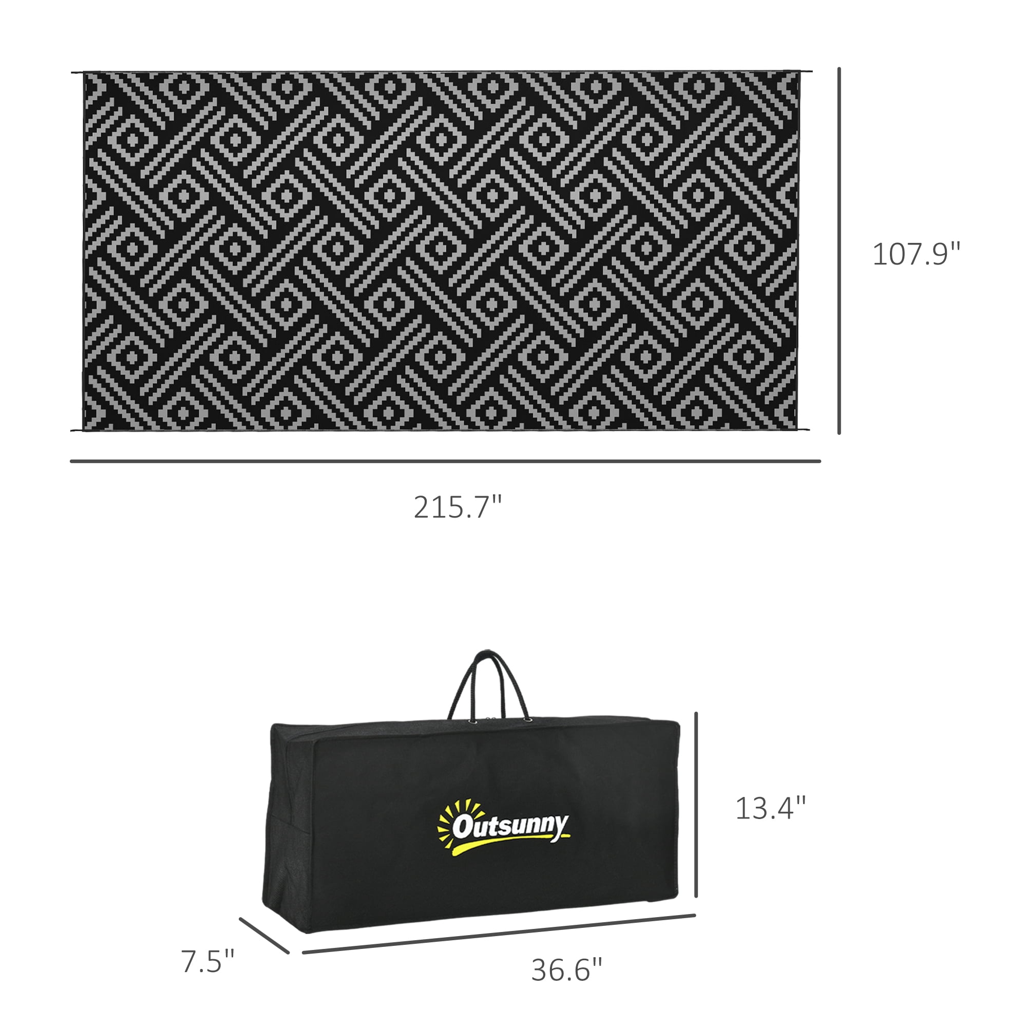 Outsunny RV Mat, Outdoor Patio Rug / Large Camping Carpet with Carrying Bag, 9' x 18', Waterproof Plastic Straw, Reversible, Black & Gray Geometric