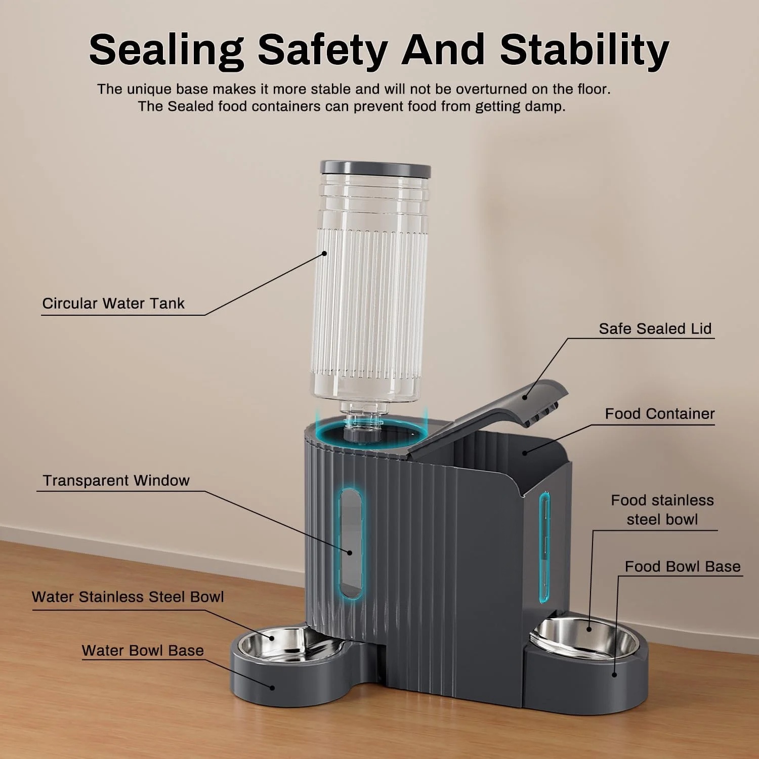 Nomipaw Gravity Automatic Food Feeder and Water Dispenser, 0.8Gal Large Capacity, 2 in 1 Set, 304 Stainless Steel Bowl, Removable and washable, For All Size Dogs & Cats, Dark Gray