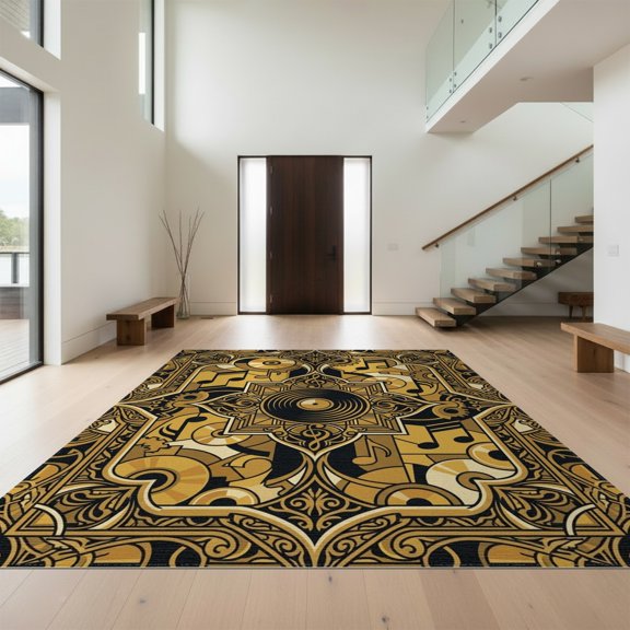 Design&I 8'x10' Washable Area Rug Sleek Flatweave Pet Friendly Record Vintage Note Mosaic Retro Disc Center Soundwave Music Vinyl Cd Playful for King Size Bedroom, Under Bed