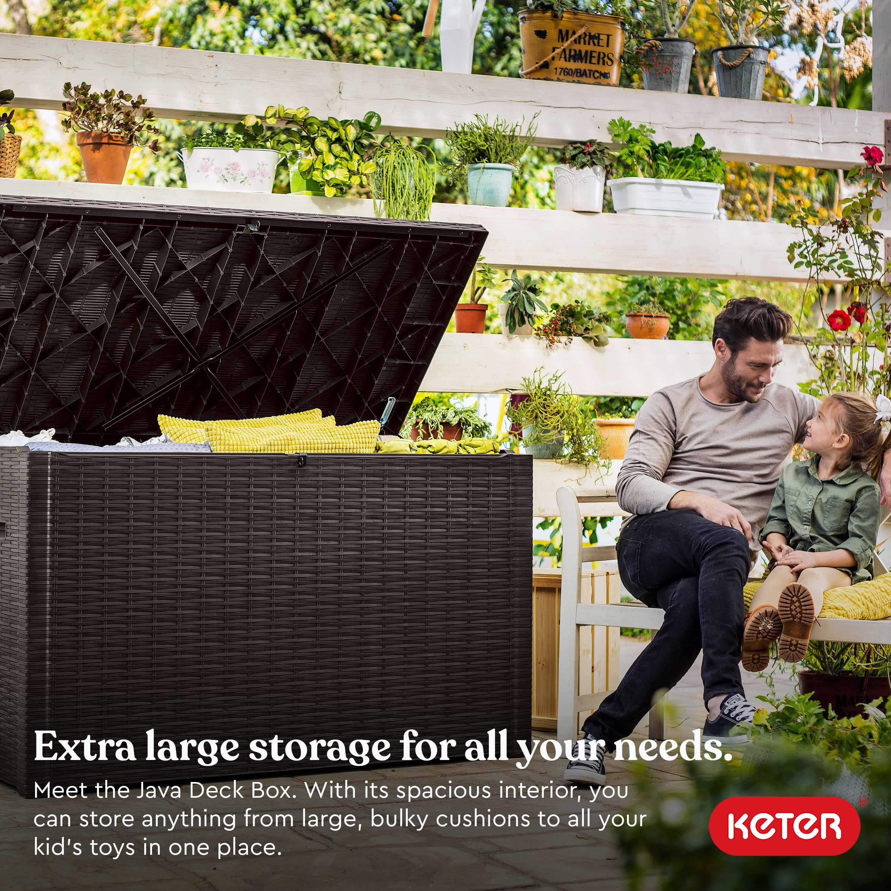 Keter Java 230 Gallon XL Durable Resin Outdoor Deck Box Storage Organization, Wicker Espresso Brown