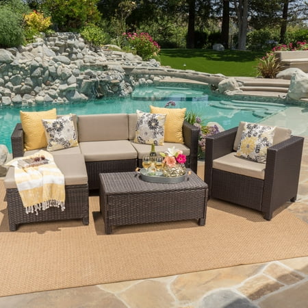 Hexagon Shaped Patio Furniture Noble House Cascada Outdoor 6 Piece Wicker L-Shaped Sectional Sofa Set with Club Chair and Cushions, Dark Brown, Beige ()