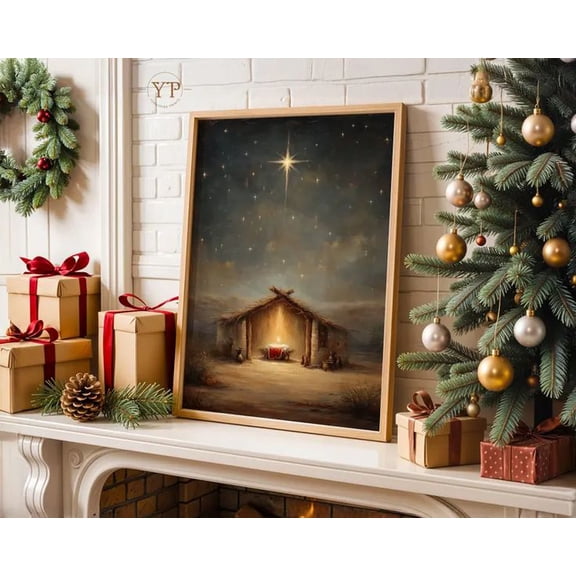 Vintage Nativity Scene Print, Holy Night Star Poster Size 24''x36''-Gategoo