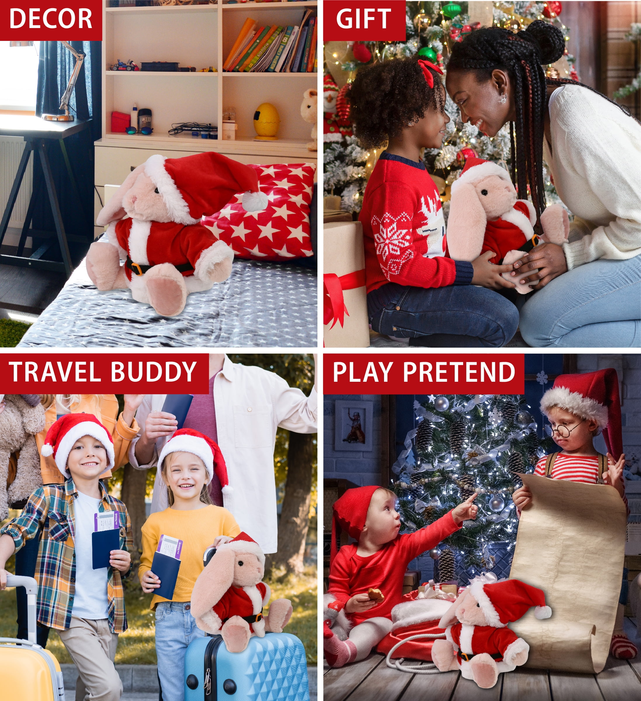 DolliBu Santa Baby Pink Rabbit Stuffed Animal Plush Toy - Super Soft Dress Up with Red Santa Claus Outfit, Cute Farm Life Rabbit Gift Perfect Holiday Christmas Gift - 8 Inches