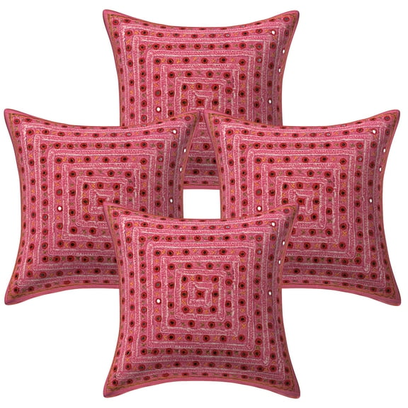 Stylo Culture Indian Cotton Decorative Throw Pillow Covers Pink 16x16 Bohemian Embroidered Mirror Lace Indian Couch Cushion Covers 40 x 40 cm Home Decor Geometrical Square Pillowcases | Set Of 4