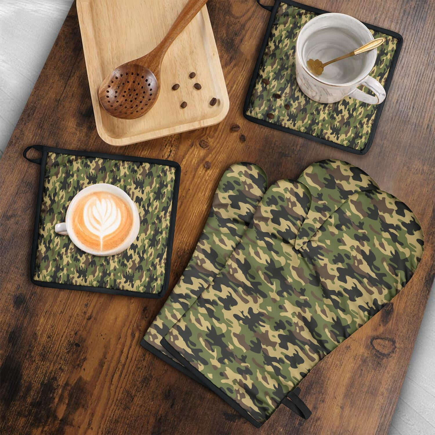 Camouflage Oven Mitts and Pot Holders Set Of 4, Heat Resistant Kitchen Gloves with Non-Slip Grip, Hanging Loop, Soft Cotton Lining for Baking, Cooking, Grilling, Barbecue
