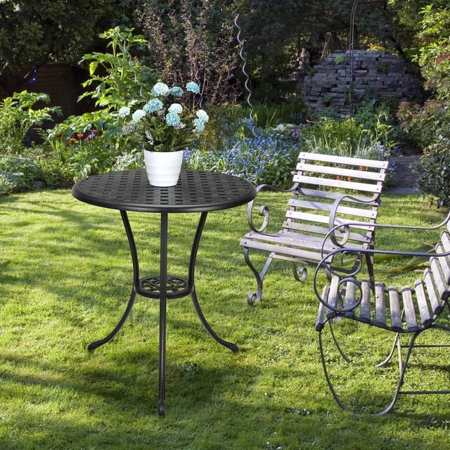 Table Bistro de Patio en Aluminium Coulé Résistant aux Intempéries – Ronde 24 Pouces, Trou pour Parasol 2 Pouces, Résistante à la Rouille, Table de Salle à Manger Extérieure Ou Table à Café pour Véranda, Jardin, Balcon – Noir 23,6 Pouces