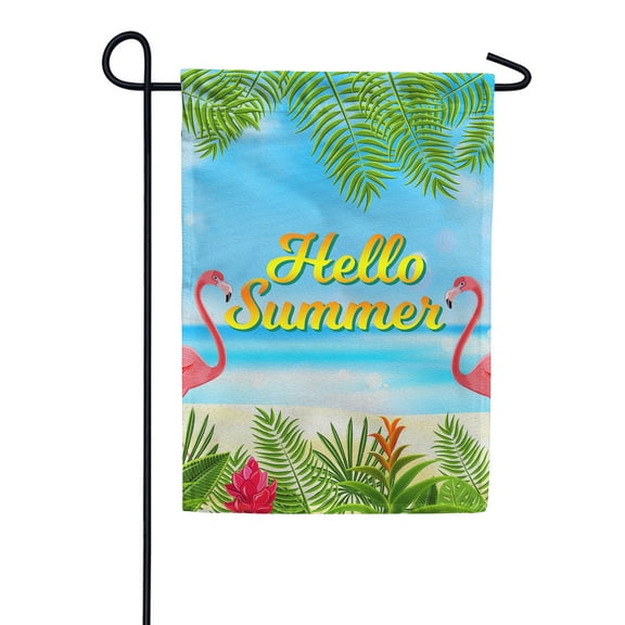 America Forever Hello Summer Pink Flamingo Garden Flag 12.5 x 18 inches Nautical Beach Palm Leaves Tropical Double Sided Seasonal Yard Outdoor Decorative Coastal Garden Flag