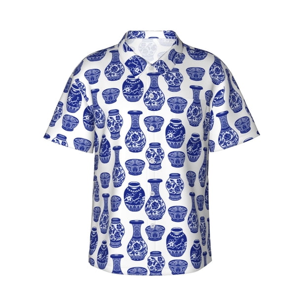Fotbe Blue Vases Camisa Hawaiana para Hombre Unisex – Camisa Casual de Verano con Botones de Manga Corta de Algodón y Lino,Small