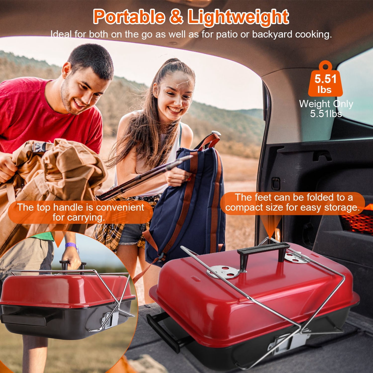 Portable Tabletop Charcoal Grill with Lid, Compact Suitcase Style Folding BBQ Smoker for Outdoor Backyard Camping, Tailgating Beach Trip Picnic & RV, 19.7in Lightweight Red Iron Grill with Air Vents