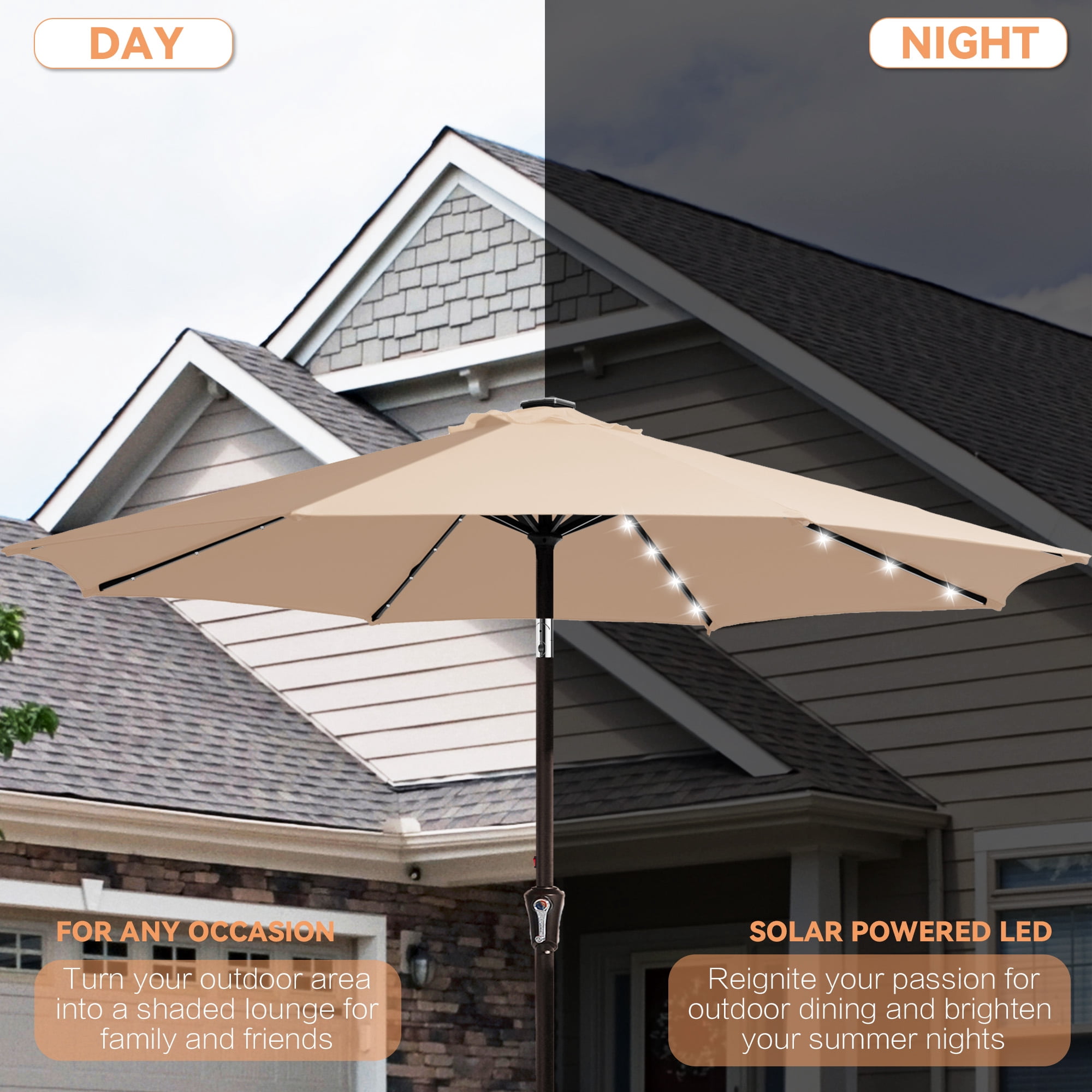 FUNDAZE 9FT Solar 32 LED Patio Umbrella w/ Tilt & Crank, 8 Sturdy Ribs, UV Protection Solution-Dyed Fabric, for Garden, Backyard, Deck & Patio, Beige