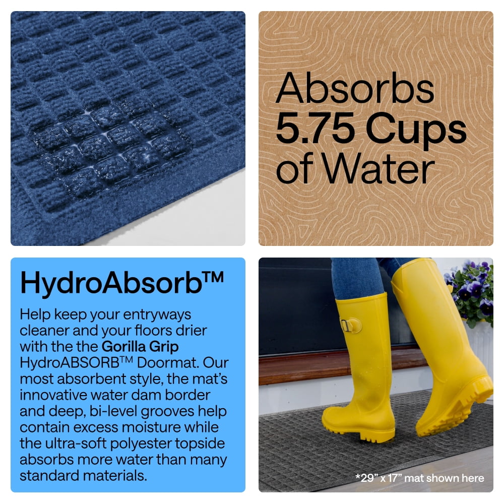 GORILLA GRIP HydroAbsorb Doormat, Indoor Outdoor Rubber Backed Weather Mat, 35x23, Blue