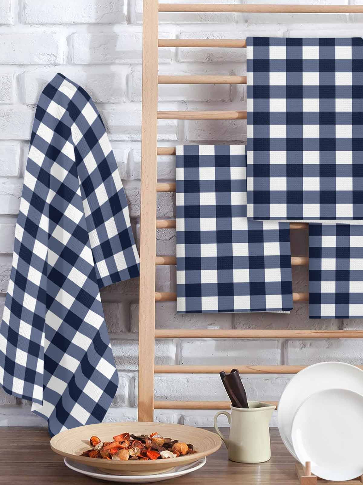 Navy Blue Check Kitchen Dish Towels for Drying Dishes Set of 2, Farmhouse Buffalo Plaid Blue Waffle Weave Microfiber Hand Tea Bathroom Towels Quick Dry & Absorbent Towel 15.7x23.6