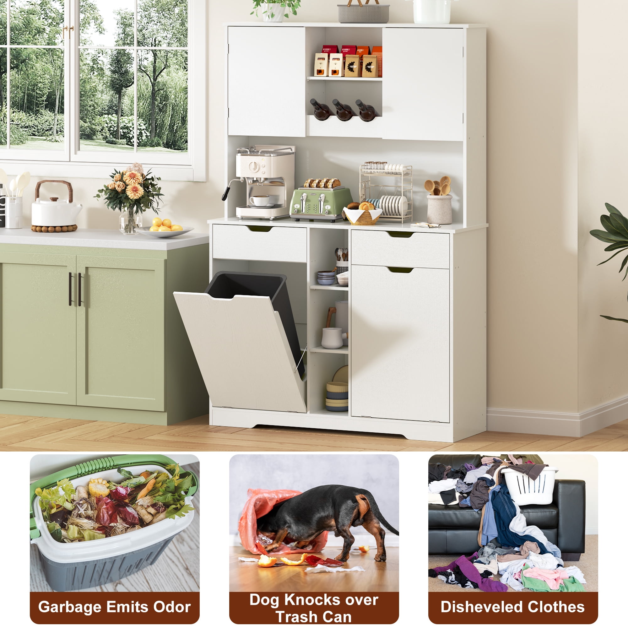 Blotout 71" Tall 46"Wide Kitchen Pantry Cabinet with Charging Station & Microwave Shelf, Farmhouse Kitchen Double Tilt Out Trash Cabinet 10X2 Gallon Garbage Holder with 2 Drawers Storage