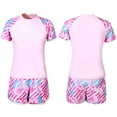 thumbnail image 5 of YiZYiF Kids Girls Short Sleeve Rash Guard Swimsuit 2 Piece Swimwear with Sports Shorts Pink 150, 5 of 6