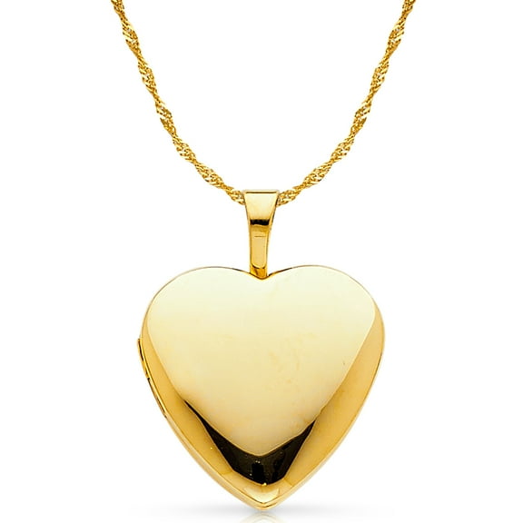 14K Yellow Gold Plain Heart Locket Charm Pendant with 1.2mm Singapore Chain Necklace