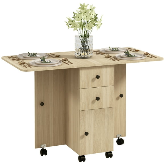 HOMCOM Foldable Dining Table, Drop Leaf Table on Wheels, Natural Wood