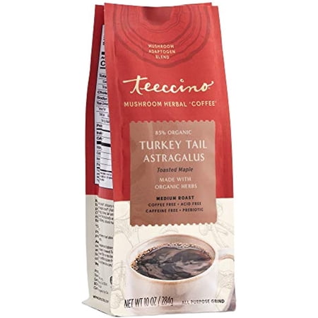 Teeccino Mushroom Adaptogen Coffee Alternative – Turkey Tail Astragalus Toasted Maple – Caffeine-Free Mushroom Coffee For Restoring Vitality, Gut Health & Immune Support, 10 Ounce