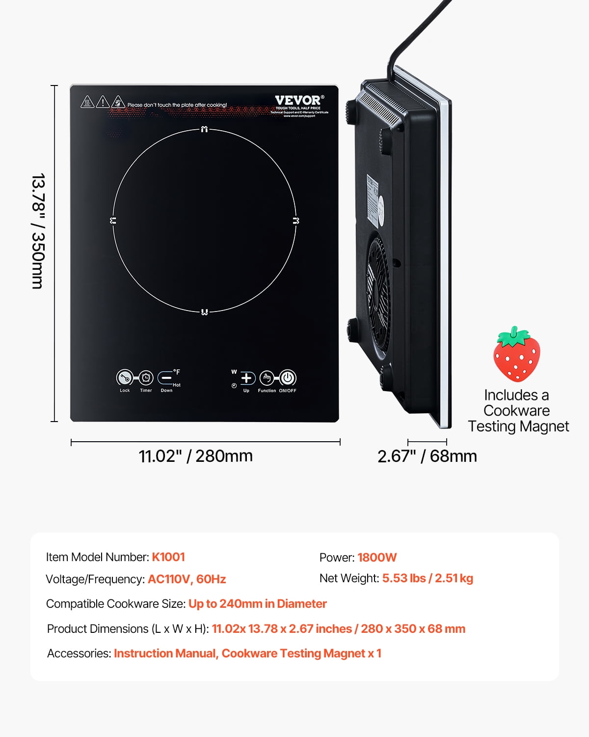 VEVOR Portable Induction Cooktop, 1800W Electric Induction Burner with 9 Temperature Settings, Countertop Induction Hot Plate with 3H Timer, Child Lock, Easy to Clean, for Home Kitchen Cooking