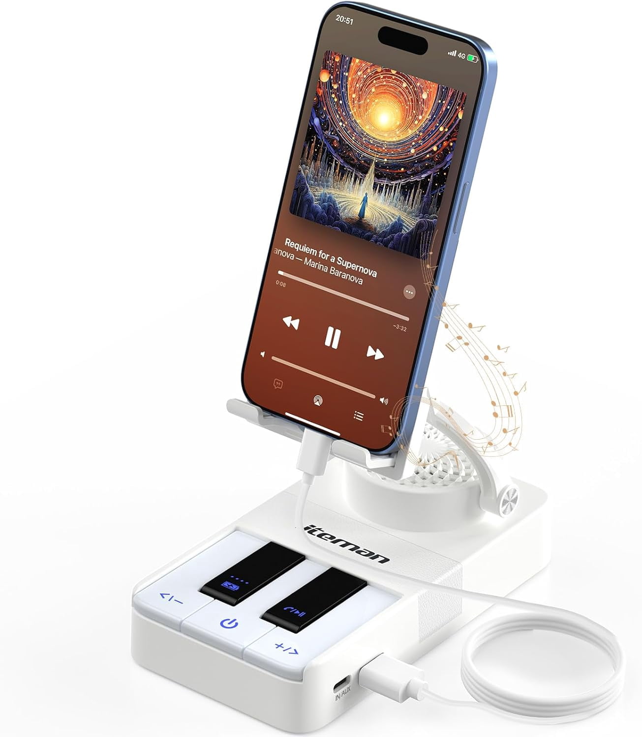 RGHJAR-Cell Phone Stand with Bluetooth Speaker and Charging Stand,Piano Keys Design,Music Lovers & Teacher Gifts,Birthday Gifts for Men Women Dad Mom,Cool Tech Gadgets-White