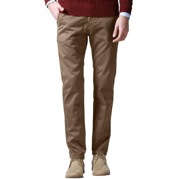 Pantalones Casuales Ajustados de Hombre con Corte Cónico, Frente Plano, Talla 34, Color Marrón Arena