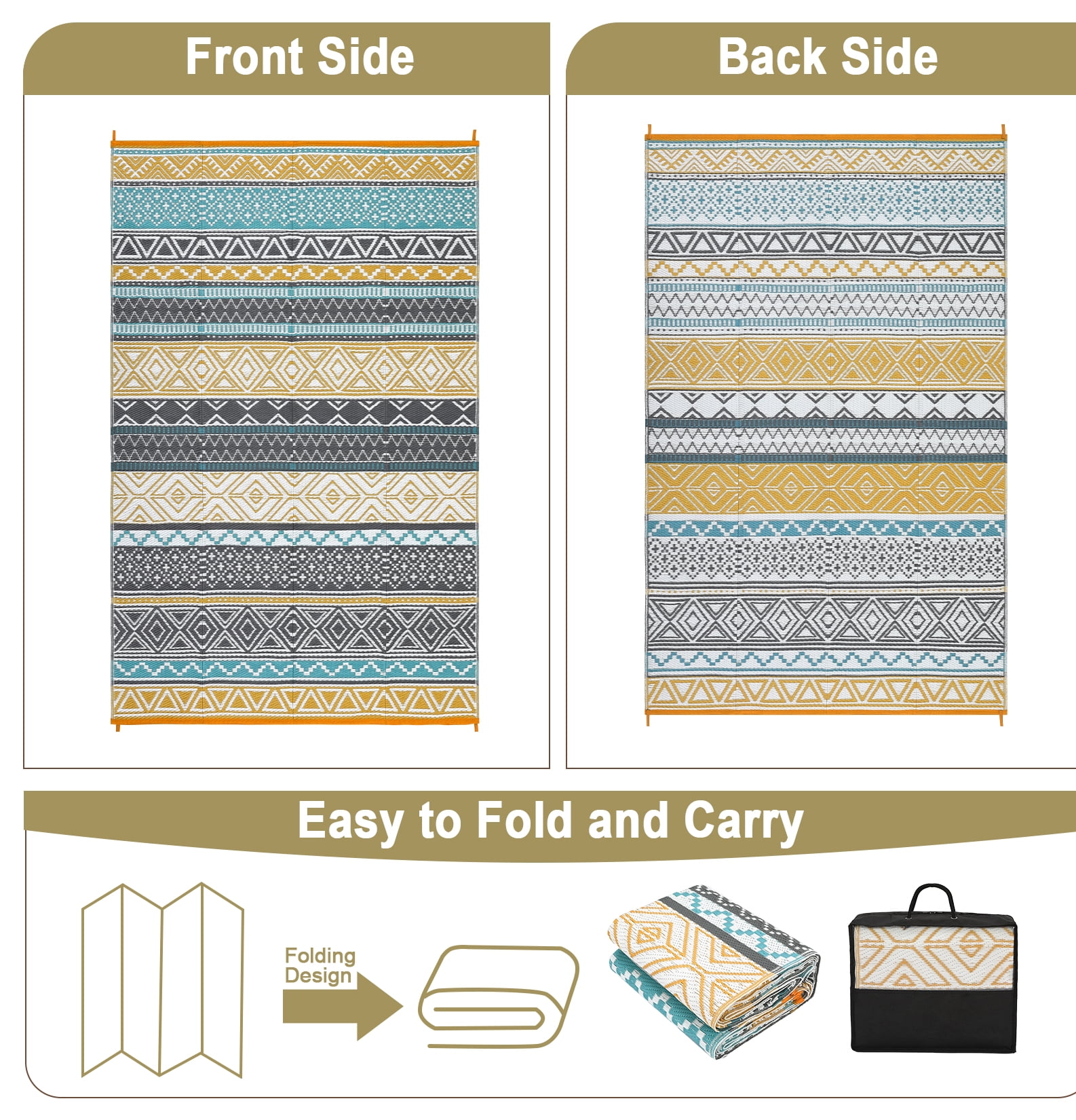 GlowSol 10'x20' Outdoor Rug Carpet Waterproof Reversible Patio Rug RV Camping Rug Plastic Straw Rug Outside Indoor Outdoor Boho Area Rug, Yellow Blue