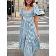 thumbnail image 4 of Blue And White Plaid Square Neck Puff Sleeve Tiered Midi Dress For Women, 4 of 6