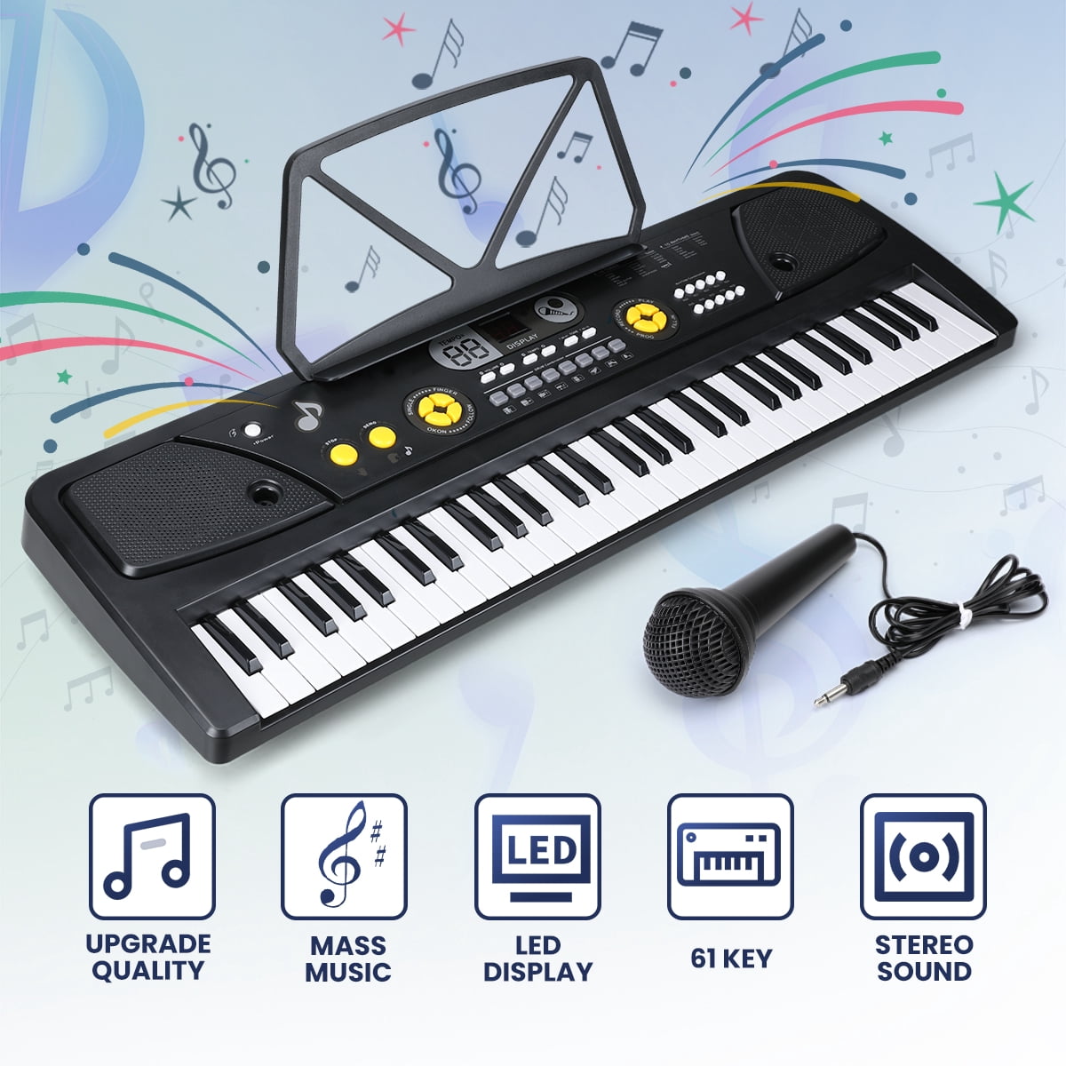 BFVV 61-Key Portable Electronic Keyboard Piano Set with Microphone, Power Adapter & Music Rest, Ideal Music Education Gift for Beginners