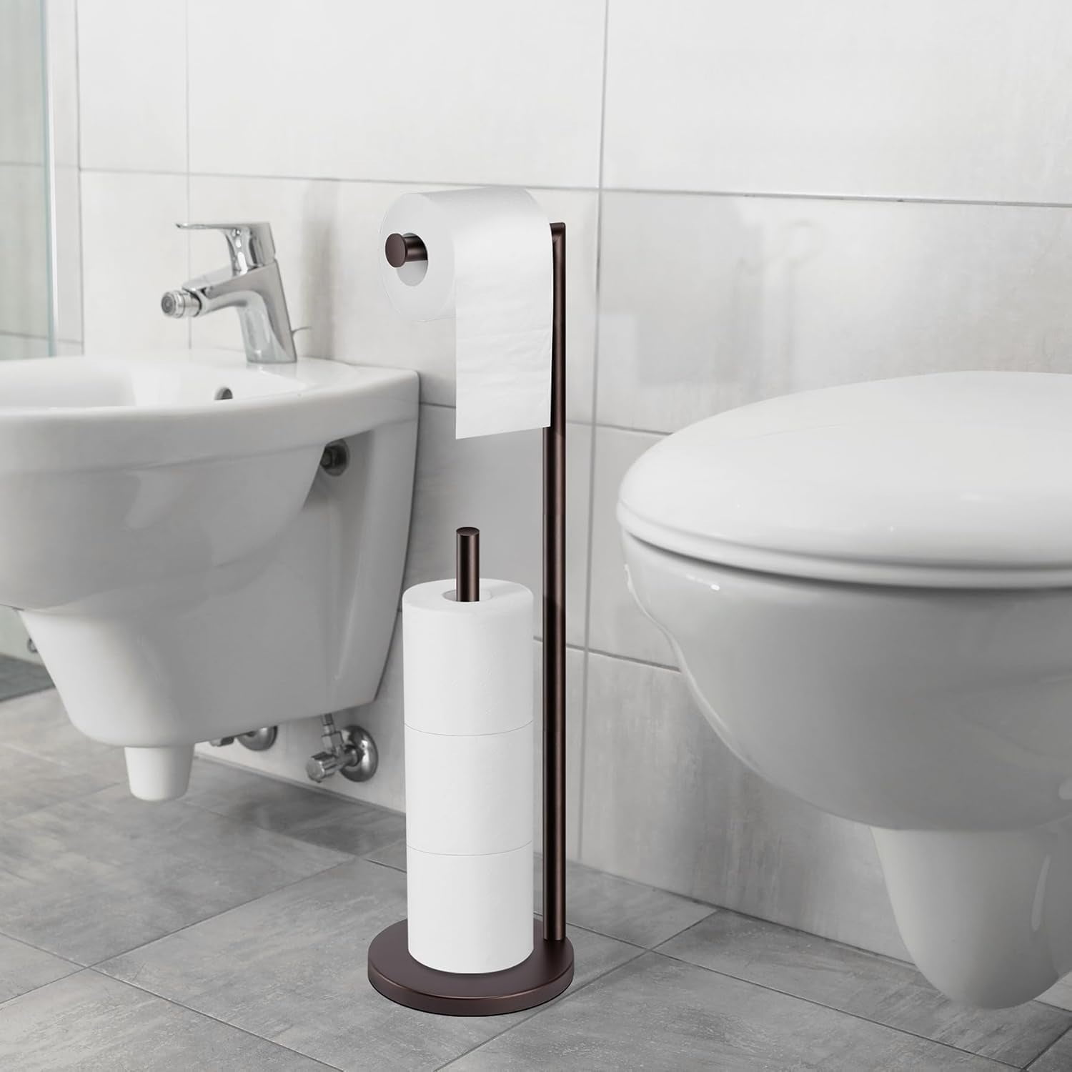Toilet Paper Holder Stand,Toilet Paper Holder Free Standing,Chrome Toilet Paper Roll Holder for 4 Rolls,Bathroom Toilet Paper with Storage