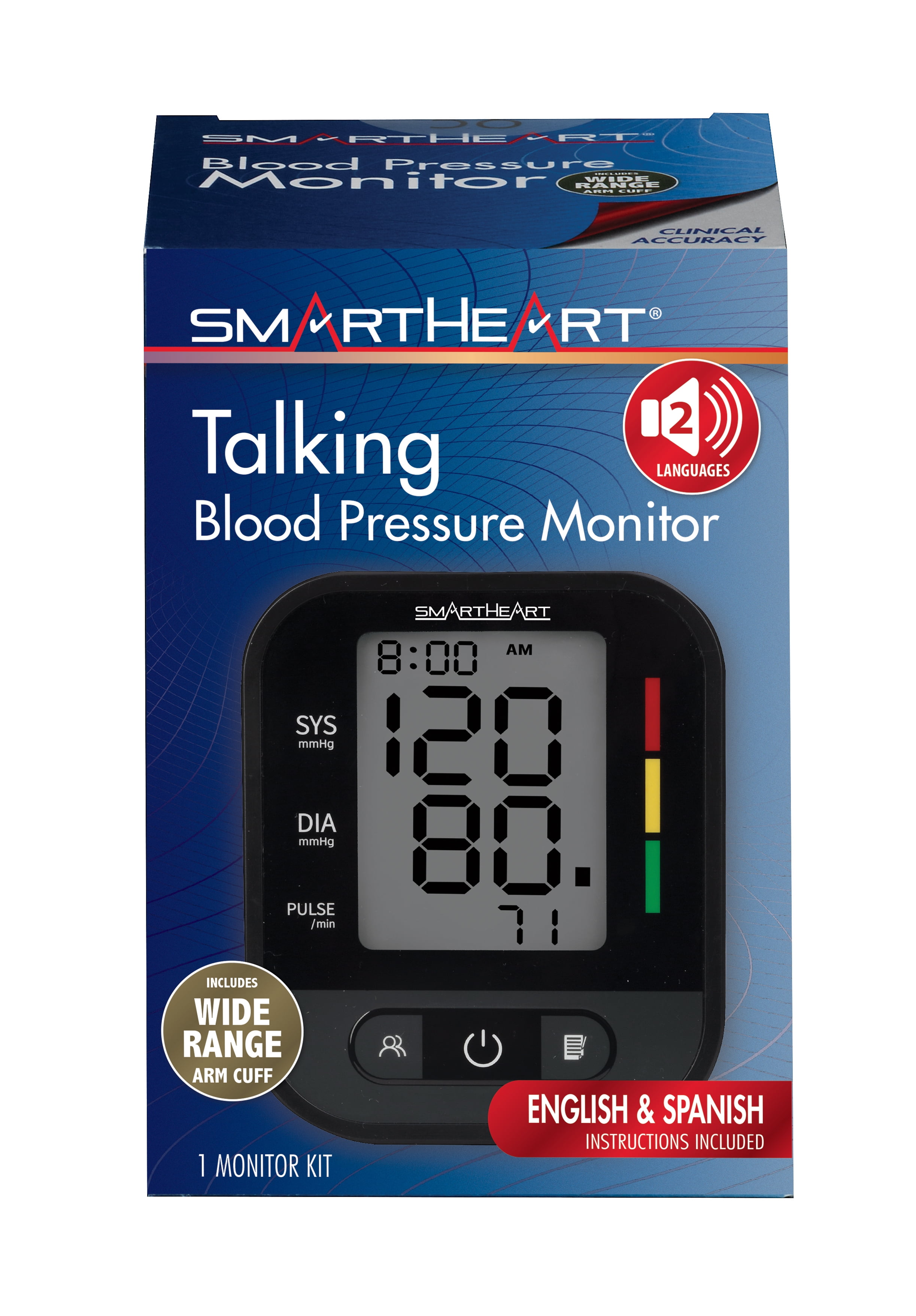 SmartHeart Talking Blood Pressure Monitor | Wide Range Arm Cuff |Two Language Announcements English Spanish | 2 Person Memory | Advanced Features