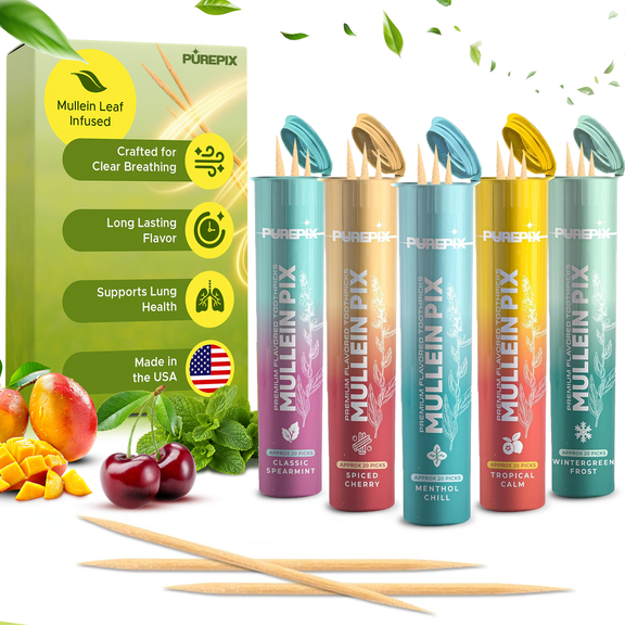 MullienPix to Help Quit Smoking Extra Thick Boosting Flavored Toothpicks with Mullien Leaf - Aromatherapy - Oral Fixation - Nicotine Free Toothpicks - 5 Flavors Kosher Variety Pack