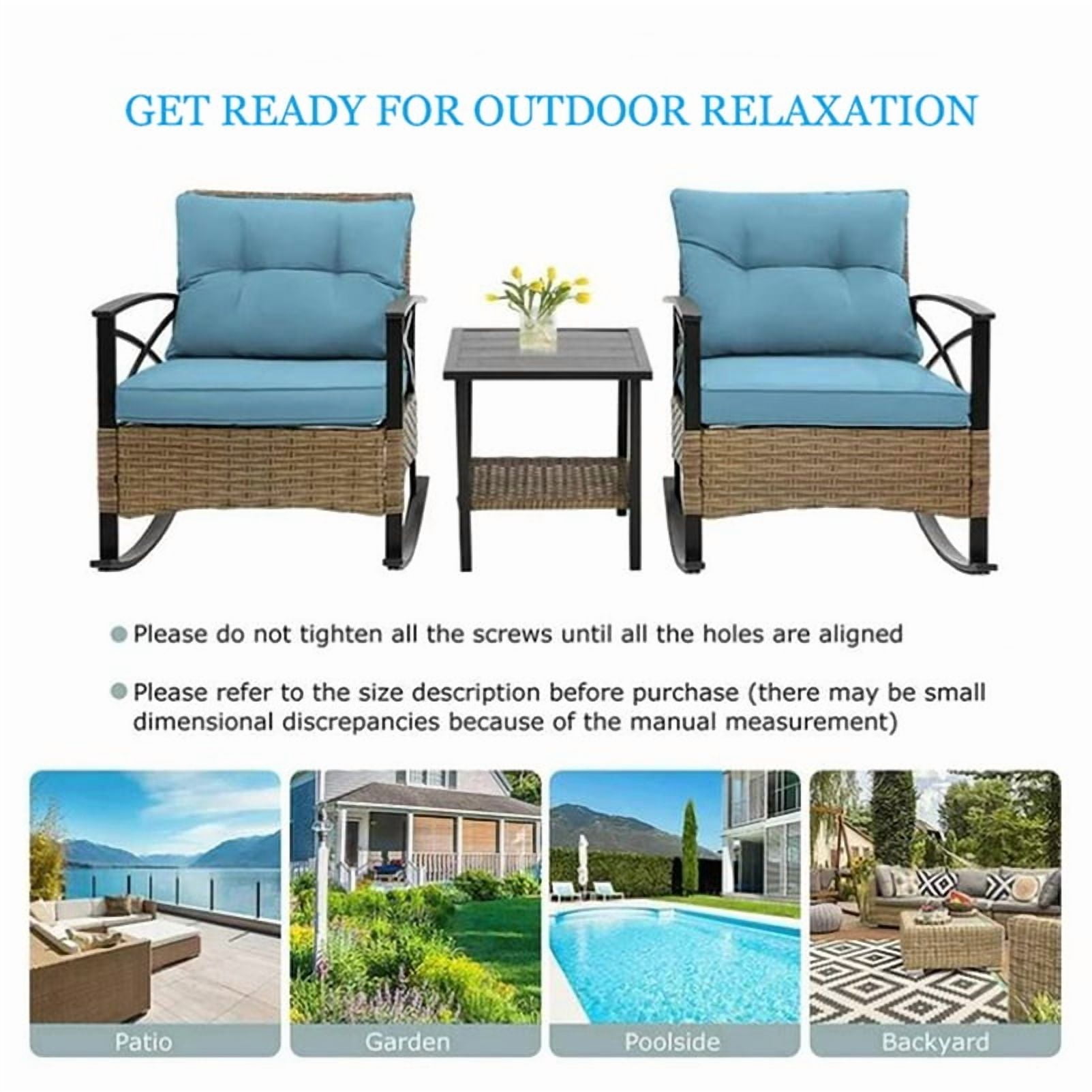 Segmart 3PCS Patio Rocking Bistro Chairs Set, Front Porch Furniture Sets with Cushions,Outdoor Rattan Wicker Sofa Chairs and Table,250Ibs, Blue