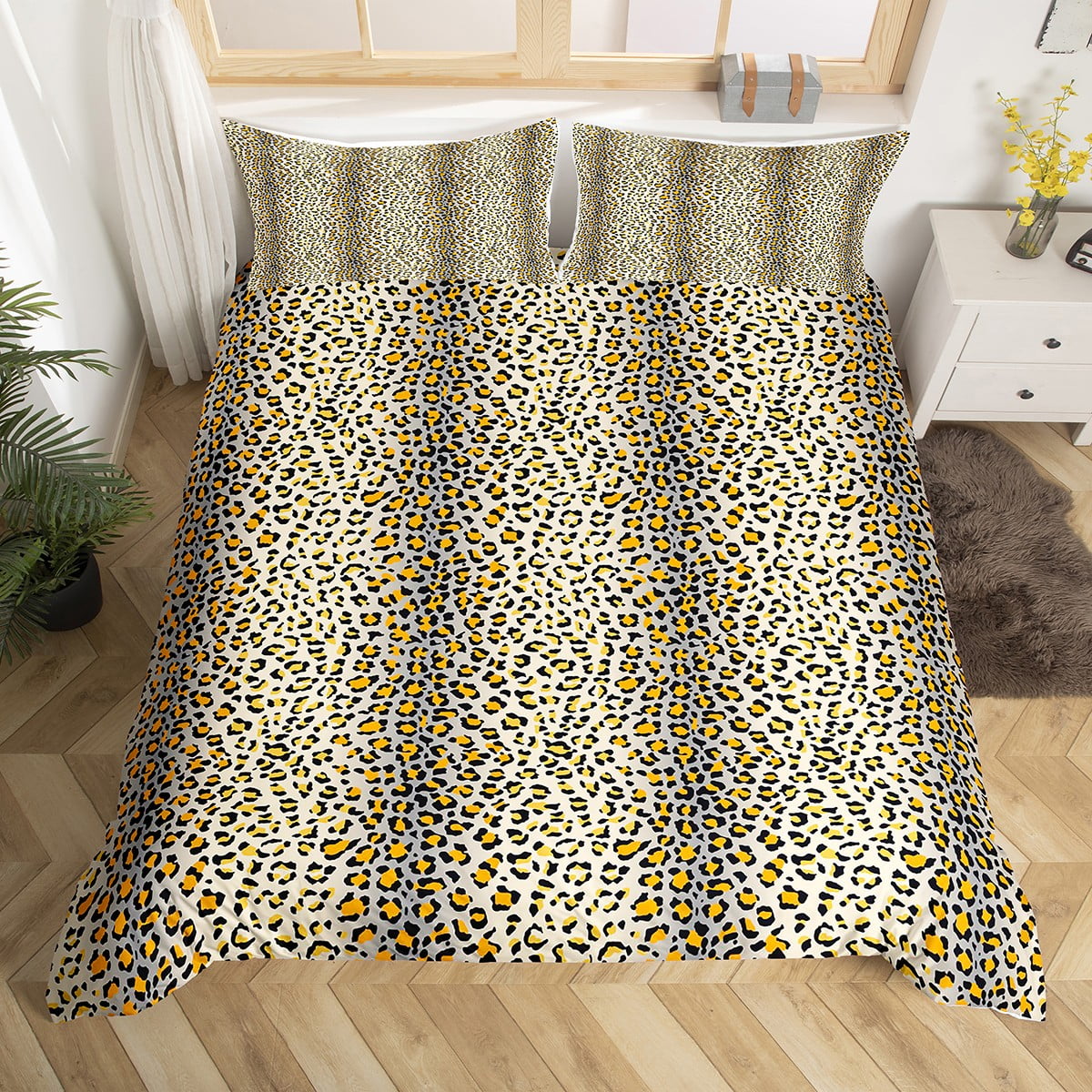 YST Cheetah Print Bedding Sets Full Brown Leopard Comforter Cover, Grey Gradient Ombre Bed Set