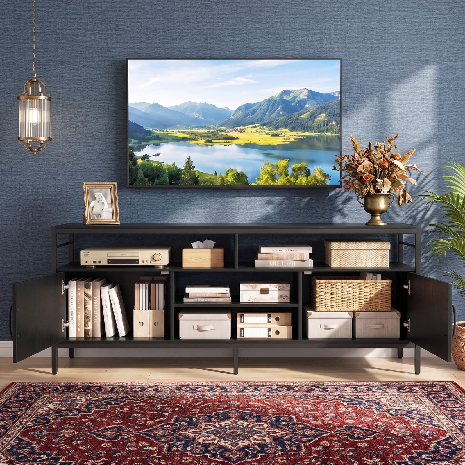 Furnibear 58 Inch Industrial TV Stand for TVs up to 65 Inch, Wood Entertainment Center Media Console with 2 Cabinets, 4 Open Shelves and Adjustable Middle Shelf, Black