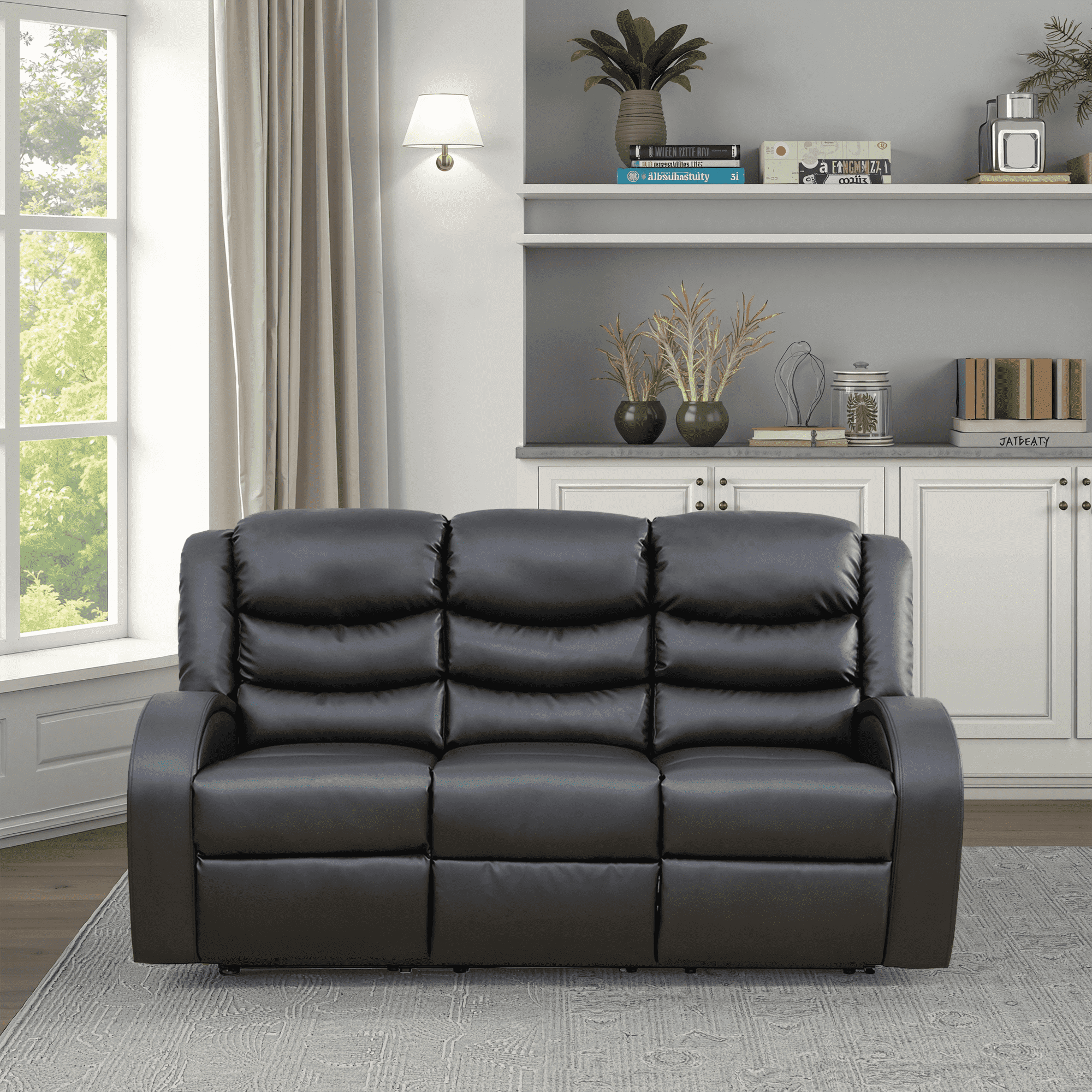 MAYEERTY Power Reclining Sofa, Electric 3-Seat Faux Leather Recliner with Adjustable Backrests for Living Room, Black