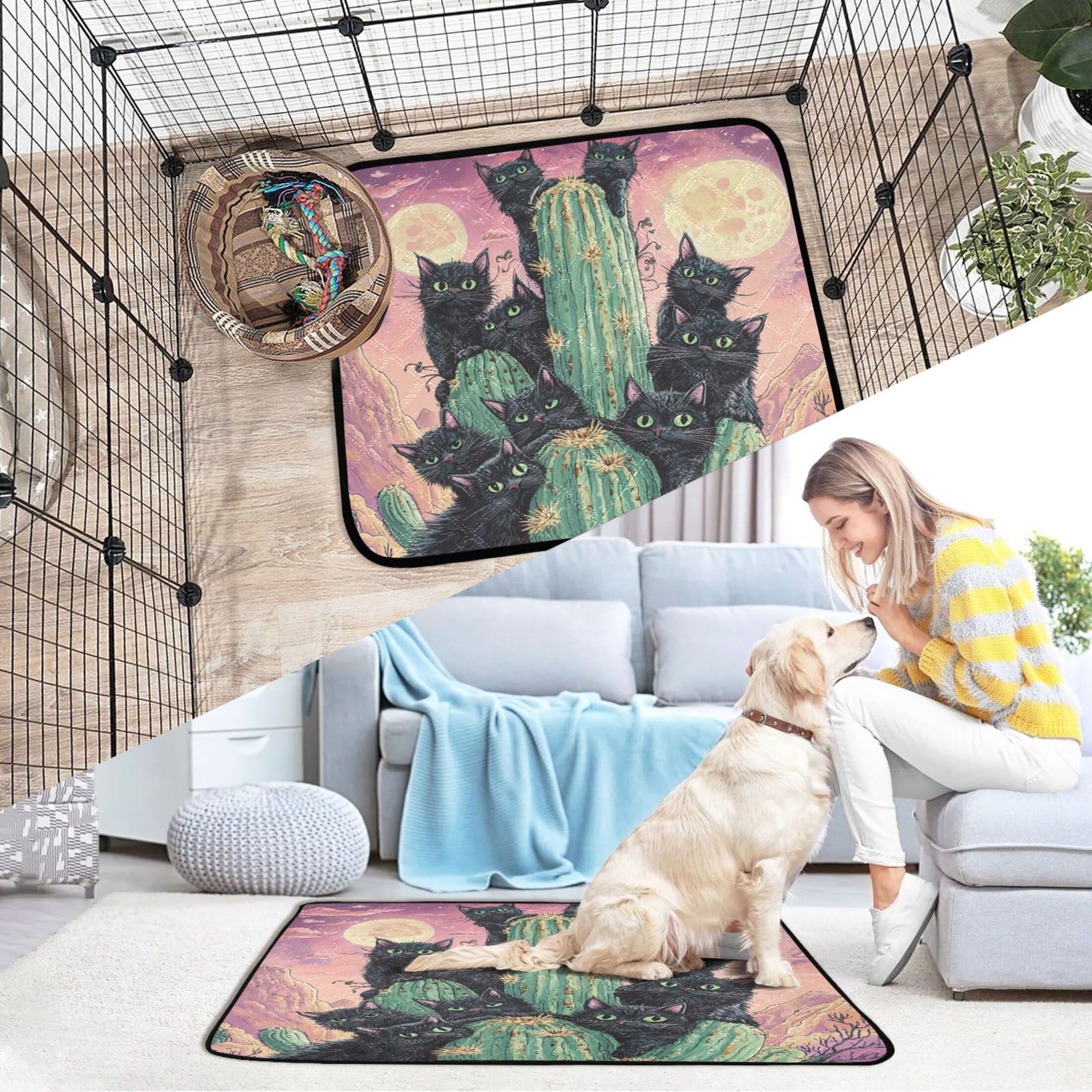 Qxltty Black Cat with Cactus Cat litter Pads Pet Set of 3 Diaper Mats Center Anti-leakage Layer Absorbent Soft and Comfortable