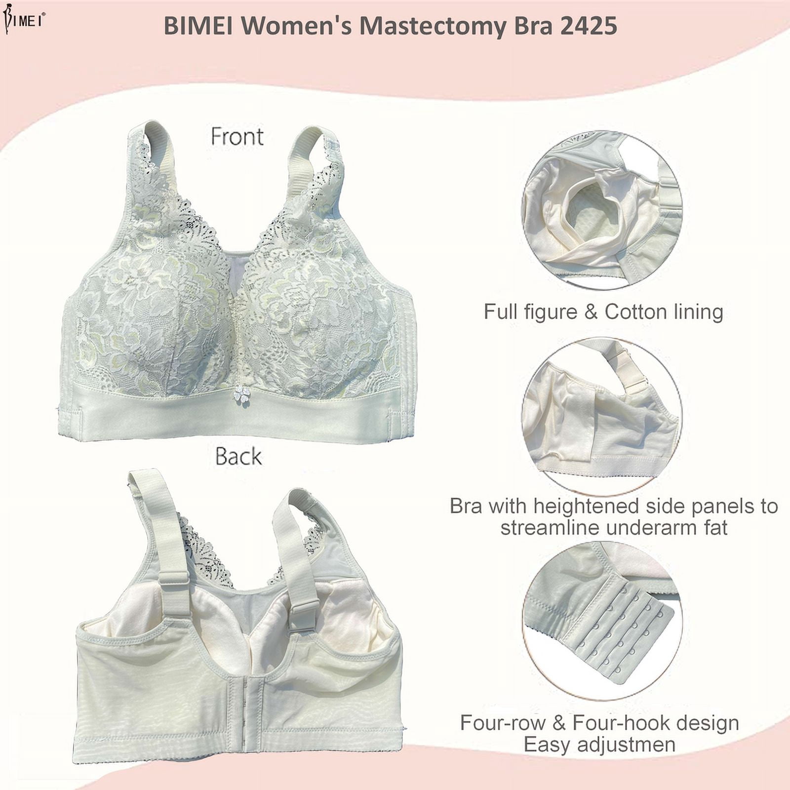 BIMEI Women Mastectomy Bra Breast Prosthesis with Pockets Wirefree Comfort Everyday Bra 2425,Green,44B/C/D/E