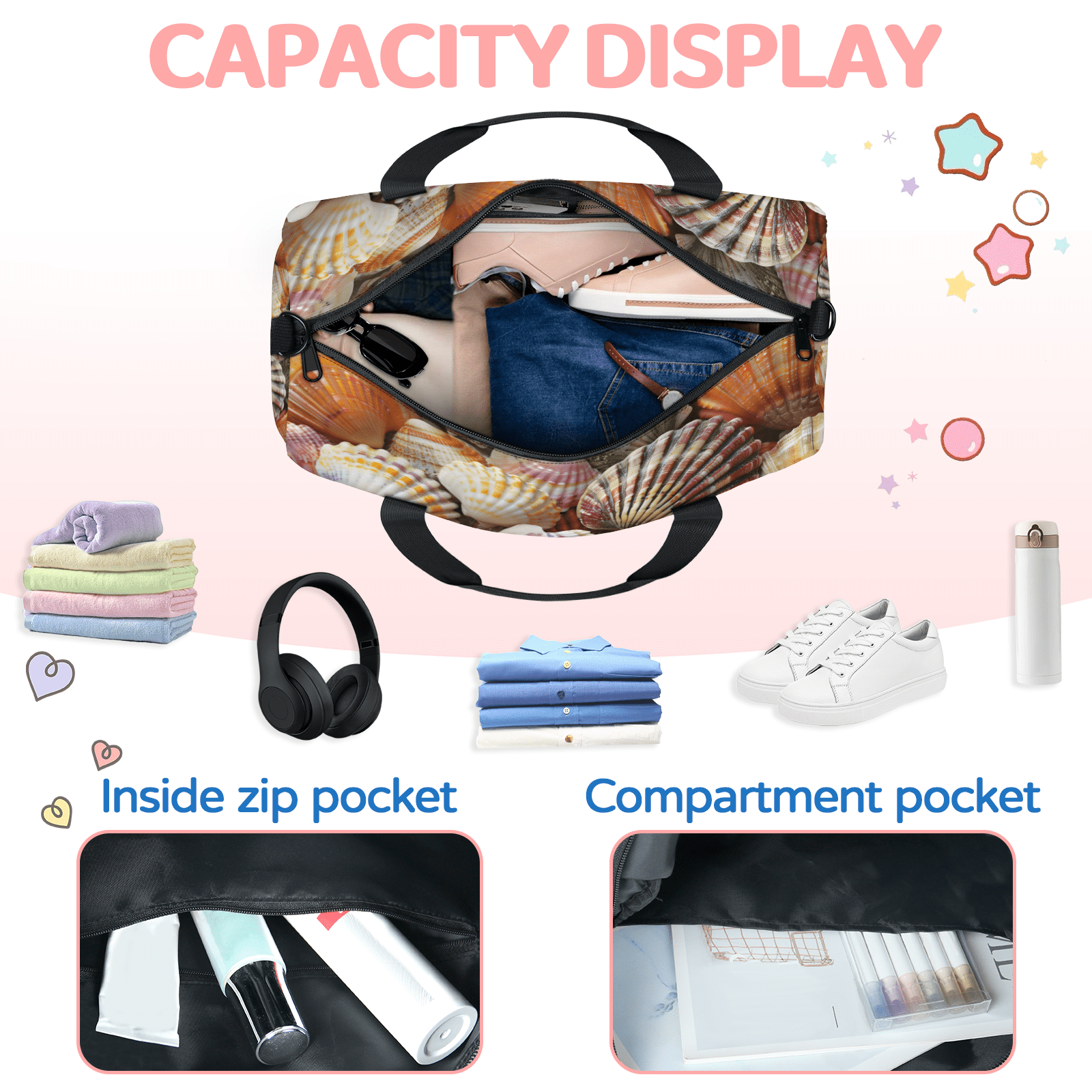Herdesigns Seashells Beach Themed Gym Bag for Women, Duffle Bag for Travel Sport, Lightweight Waterproof Carry on Weekender Overnight Dance Yoga Workout Bags