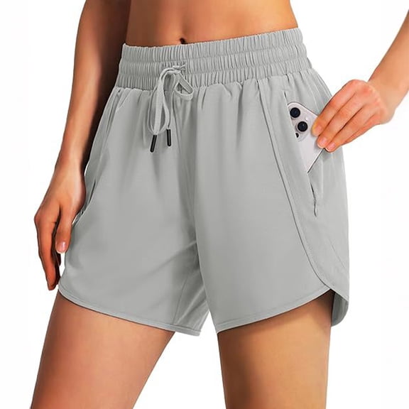 LWavelet Women's Drawstring Waist Athletic Shorts Phone Pocket Summer Shorts Light Gray 2XL