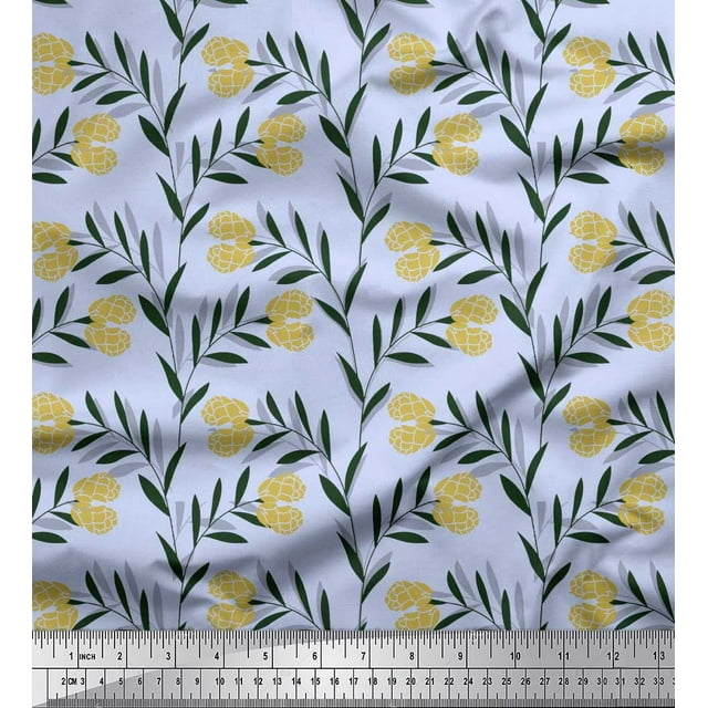 Soimoi Blue polyester Crepe Fabric Leaves & Clover Flower Hand Drawn Print Fabric by the Yard 52 Inch Wide